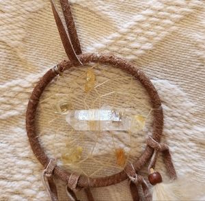 Selenite Indigenous made bohemian Dreamcatcher with feather. 2.5"‎